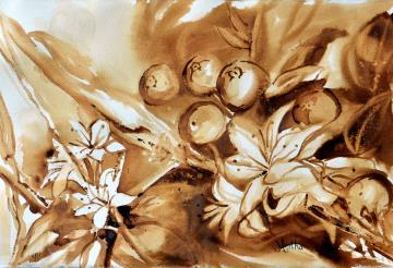 Image de la toile « Fleurs et cerises de café (caférelle) » de Myrtha Pelletier