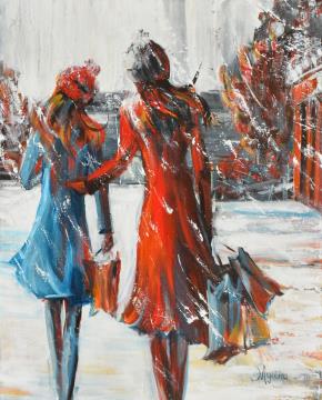 Image de la toile « Shopping sous la neige - Vendue/Sold » de Myrtha Pelletier