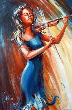 Image de la toile « Violoniste en bleu - Vendue/Sold » de Myrtha Pelletier